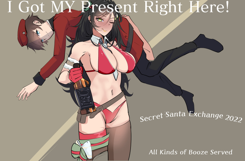 absurdres alcohol armband beret bikini black_hair blue_eyes blush breasts carrying carrying_over_shoulder christmas_outfit collar colt_python_(girls_frontline) commander_(girls'_frontline) commission drunk girls'_frontline gloves green_eyes hair_ornament hat height_difference highres holly_(plant) jack_daniel's large_breasts lifting_person navel necktie pixiv_commission pouch python_(girls'_frontline) red_bikini red_outfit ribbon rroar8 size_difference swimsuit thighhighs tongue tongue_out whiskey yellow_lips