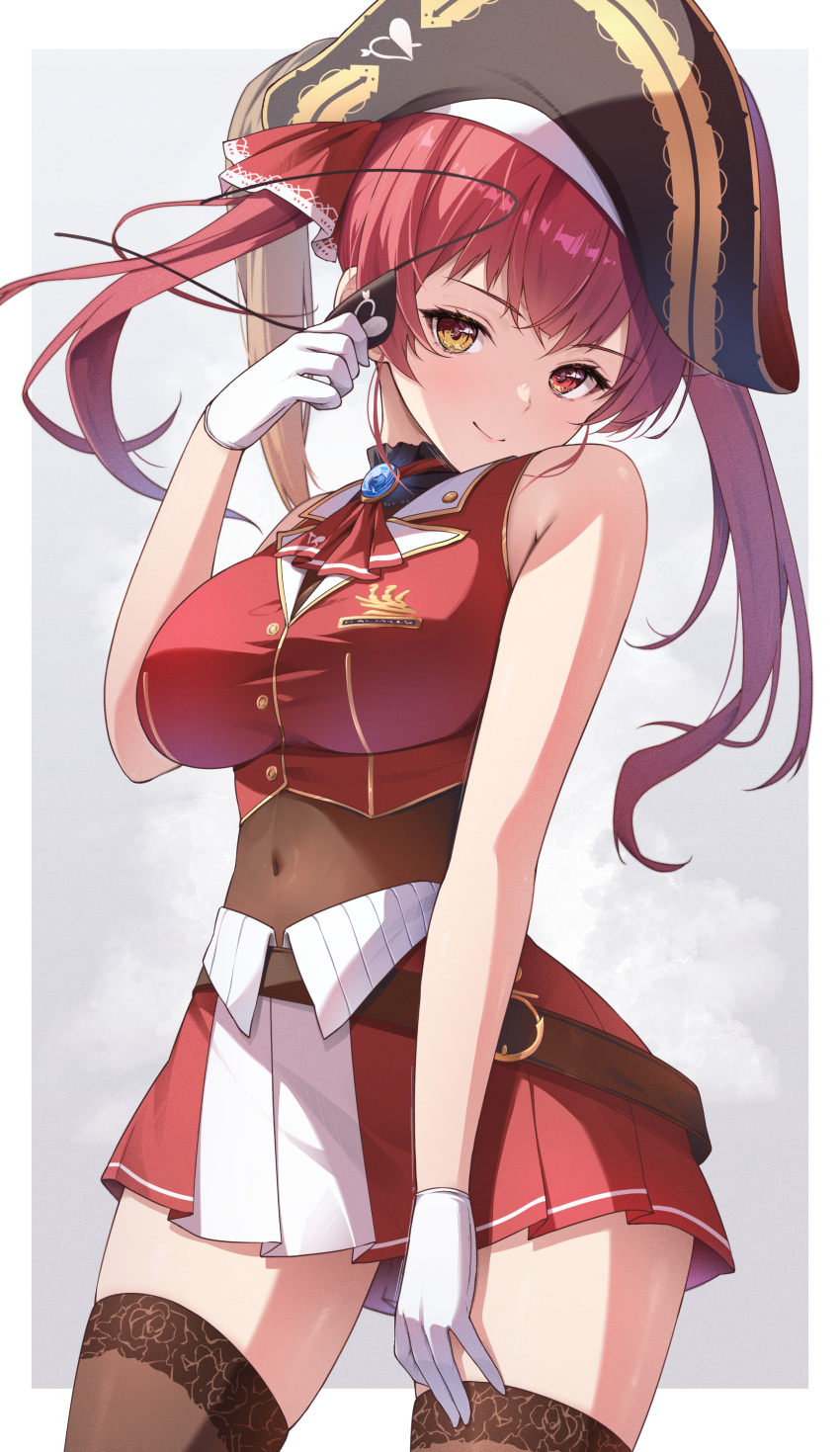 1girl absurdres ascot belt border breasts brown_belt brown_thighhighs closed_mouth covered_navel cropped_vest eyepatch eyepatch_removed floating_hair gloves gold_trim hand_up hat heterochromia highres holding_eyepatch hololive houshou_marine iroha_(unyun) large_breasts miniskirt pirate_hat pleated_skirt plume red_ascot red_eyes red_hair red_skirt skirt smile solo thighhighs twintails vest virtual_youtuber white_border white_gloves yellow_eyes zettai_ryouiki
