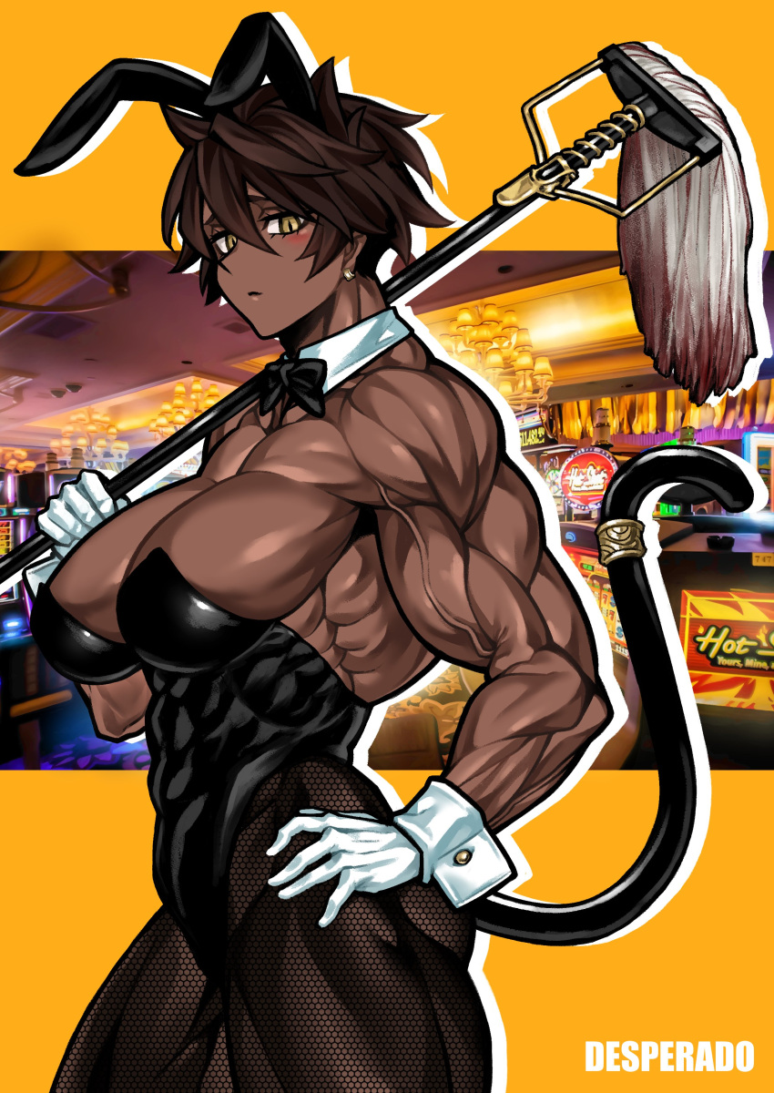 1girl absurdres animal_ears breasts brown_hair cat_tail dark-skinned_female dark_skin desperado_(yotaro) earrings fake_animal_ears gloves hand_on_hip highres jewelry large_breasts looking_at_viewer mao_(yotaro) muscular muscular_female playboy_bunny short_hair tail veins yellow_eyes yotaro