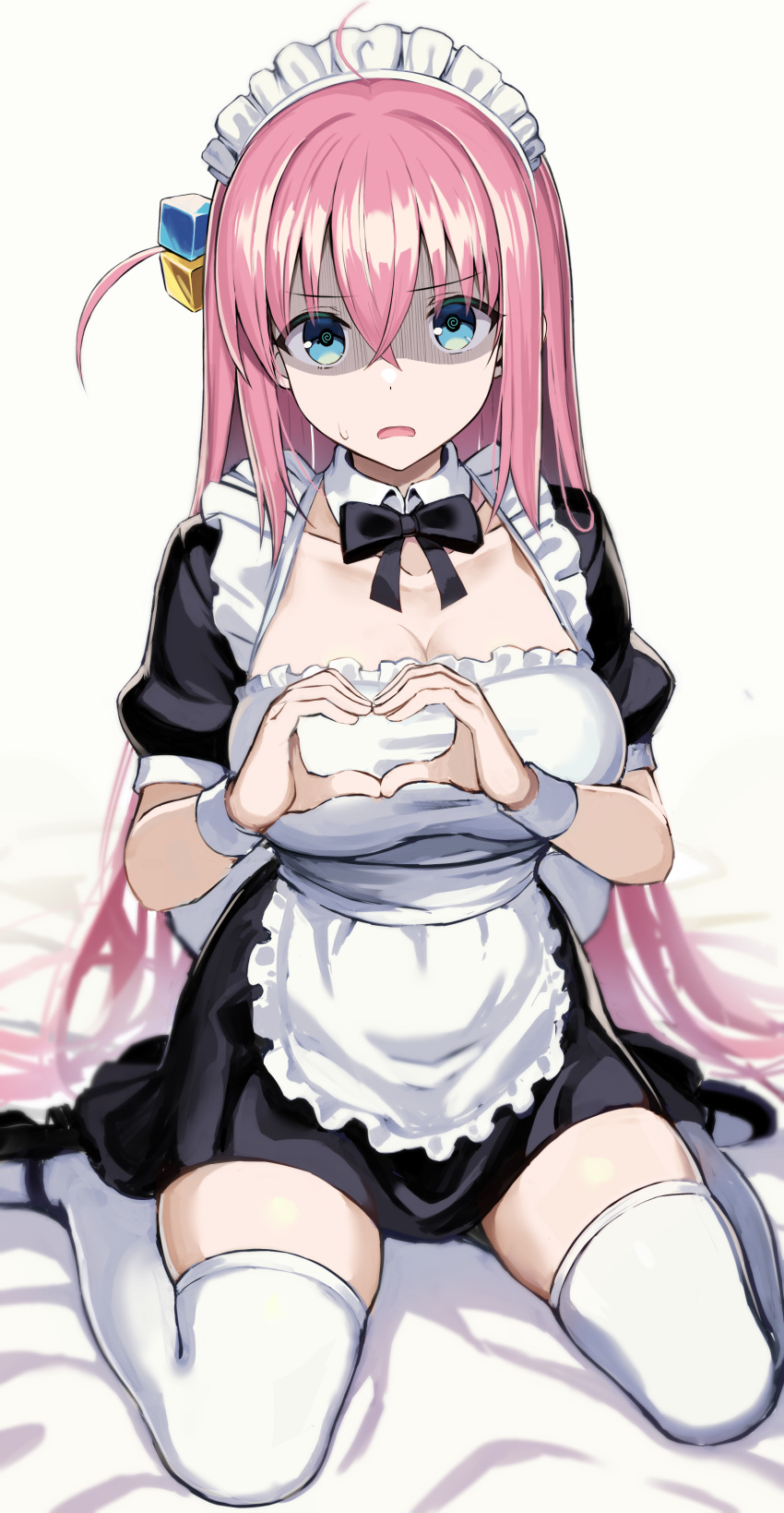 1girl @_@ absurdres alternate_costume apron black_dress blue_eyes bocchi_the_rock! breasts cleavage dress enmaided frilled_dress frills frown gotou_hitori greatmosu heart heart_hands highres large_breasts maid maid_apron maid_headdress open_mouth pink_hair shaded_face sitting solo thighhighs thighs wariza white_thighhighs zettai_ryouiki