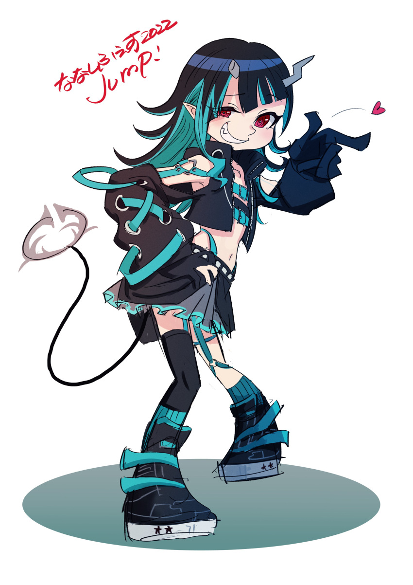 1girl 774_inc. absurdres asymmetrical_gloves bangs belt beltbra black_footwear black_gloves black_hair black_jacket black_skirt blue_belt blue_hair blue_panties blue_socks blush chest_belt clothing_cutout commentary_request contrapposto cropped_jacket cross-laced_sleeves demon_girl demon_horns demon_tail flat_chest full_body garter_straps gloves grey_skirt grin hand_on_hip heart highleg highleg_panties highres horns jacket layered_skirt long_hair long_sleeves looking_at_viewer midriff multicolored_hair navel open_clothes open_jacket panties partially_fingerless_gloves pointing pointing_to_the_side pointy_ears red_eyes shishio_chris shoes shoulder_cutout simple_background single_thighhigh skirt smile sneakers socks solo standing sugar_lyric tail tengu_nimuru thighhighs translation_request two-tone_hair underwear virtual_youtuber white_background zipper