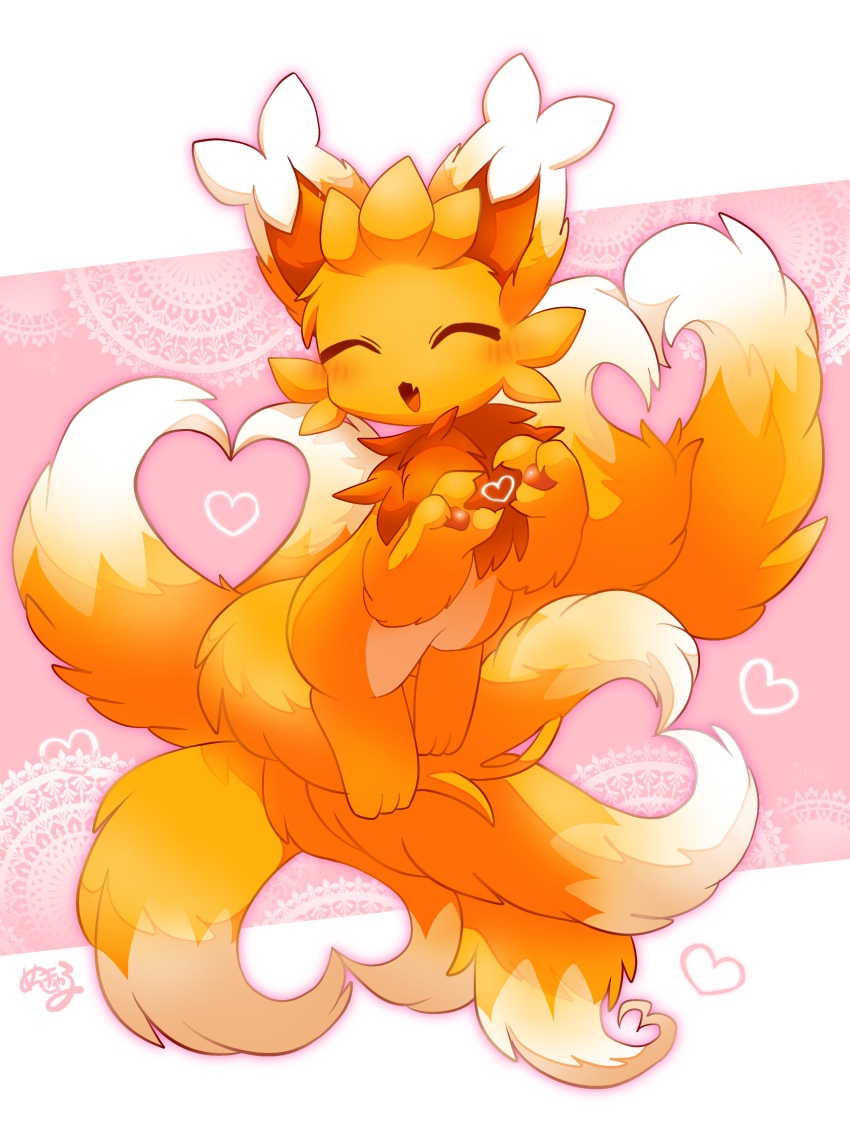 &lt;3 3_fingers 3_toes 9_tails ^_^ absurd_res ambiguous_gender biped blush canid canine cheek_tuft claws colored digital_media_(artwork) dipstick_ears dipstick_tail ear_tuft eyes_closed facial_tuft feet feral finger_claws fingers floating fluffy fluffy_chest fluffy_ears fluffy_tail fox front_view full-length_portrait fur gesture head_tuft hi_res kemono mammal markings mekkyaru multi_tail multi_tone_fur multi_tone_tail multicolored_body multicolored_ears multicolored_fur multicolored_tail neck_tuft nude open_mouth open_smile orange_body orange_claws orange_fur orange_inner_ear orange_pawpads orange_tail pawpads paws pink_background portrait semi-anthro shaded signature simple_background smile solo tail tail_gesture tail_heart tail_markings three-quarter_view toes tuft two_tone_ears white_body white_ear_tips white_ears white_fur white_tail white_tail_tip yellow_body yellow_ears yellow_fur yellow_tail