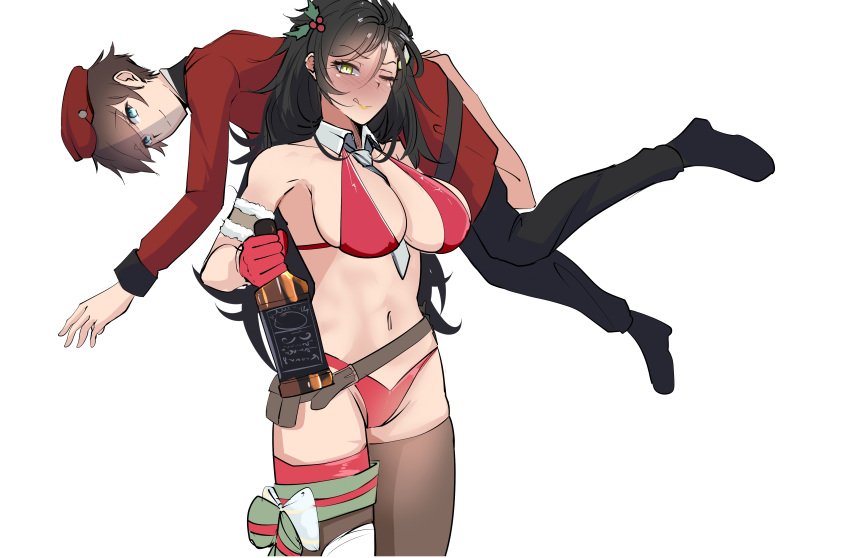 absurdres alcohol armband beret bikini black_hair blue_eyes blush breasts carrying carrying_over_shoulder collar colt_python_(girls_frontline) commander_(girls'_frontline) commission drunk girls'_frontline gloves green_eyes hair_ornament hat height_difference highres jack_daniel's large_breasts lifting_person navel necktie pixiv_commission pouch python_(girls'_frontline) red_bikini ribbon rroar8 size_difference swimsuit thighhighs tongue tongue_out whiskey white_background yellow_lips