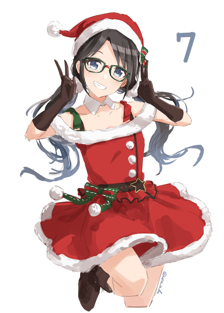 1girl bare_shoulders belt black_gloves black_hair blue_eyes boots collar detached_collar dress fur-trimmed_dress fur_trim glasses gloves green-framed_eyewear highres idolmaster idolmaster_shiny_colors leg_up long_hair low_twintails mitsumine_yuika red_dress ribbon santa_costume sleeveless sleeveless_dress smile solo star_ornament suke_(momijigari) twintails v white_collar