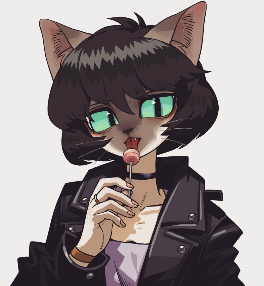 absurd_res anthro black_clothing black_hair black_jacket black_topwear bob_cut bracelet brown_ears brown_face bust_portrait candy choker clothed clothing colored_nails cute_fangs dessert domestic_cat fangs felid feline felis female food golaegun green_eyes hair hi_res inner_ear_fluff jacket jewelry leather leather_clothing leather_jacket leather_topwear licking lollipop looking_at_viewer mammal nails necklace portrait purple_clothing purple_shirt purple_topwear ring_(jewelry) shirt siamese simple_background solo tan_body teeth tongue tongue_out topwear tuft whiskers