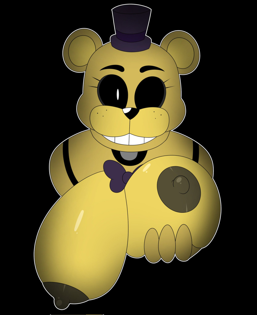 animatronic anthro areola bear big_breasts black_background black_sclera blakey bow_tie breast_grab breasts brown_areola brown_nipples clothing crossgender eyelashes female five_nights_at_freddy's freckles golden_freddy_(fnaf) hand_on_breast hat headgear headwear hi_res huge_breasts looking_at_viewer machine mammal nipples robot scottgames simple_background smile solo top_hat white_eyes yellow_body