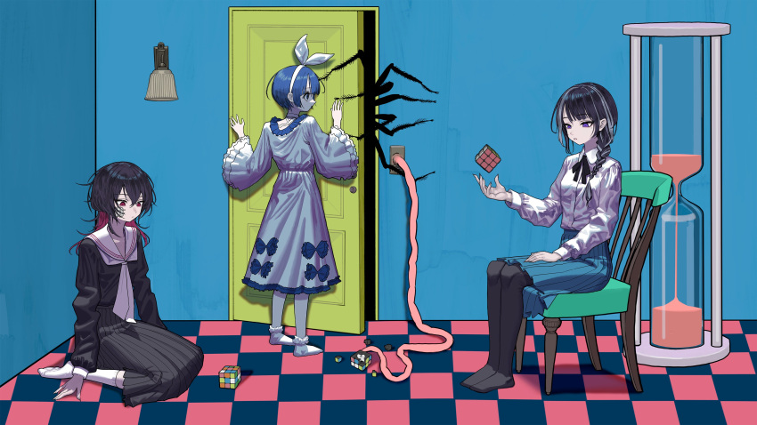 3girls absurdres afternooners bandage_on_face bandages bangs black_hair black_pantyhose black_ribbon black_serafuku black_skirt blue_hair blue_skirt blunt_bangs bob_cut bow braid bug chair checkered_floor choker collared_shirt colored_inner_hair crossed_bangs door dress empty_eyes expressionless floating floating_object frilled_dress frills from_behind grey_hair hair_between_eyes hair_bow hair_over_shoulder hairband highres hourglass intestines kneehighs lamp long_hair long_skirt long_sleeves mole mole_under_eye multicolored_hair multiple_girls neck_ribbon neckerchief on_floor original pale_skin pantyhose pleated_skirt purple_eyes red_eyes red_hair ribbon rubik's_cube sailor_collar school_uniform seiza serafuku shadow shirt short_hair sitting skirt socks streaked_hair unnamed_girl_(x0o0x) white_bow white_choker white_dress white_hairband white_neckerchief white_sailor_collar white_shirt white_socks wide_sleeves