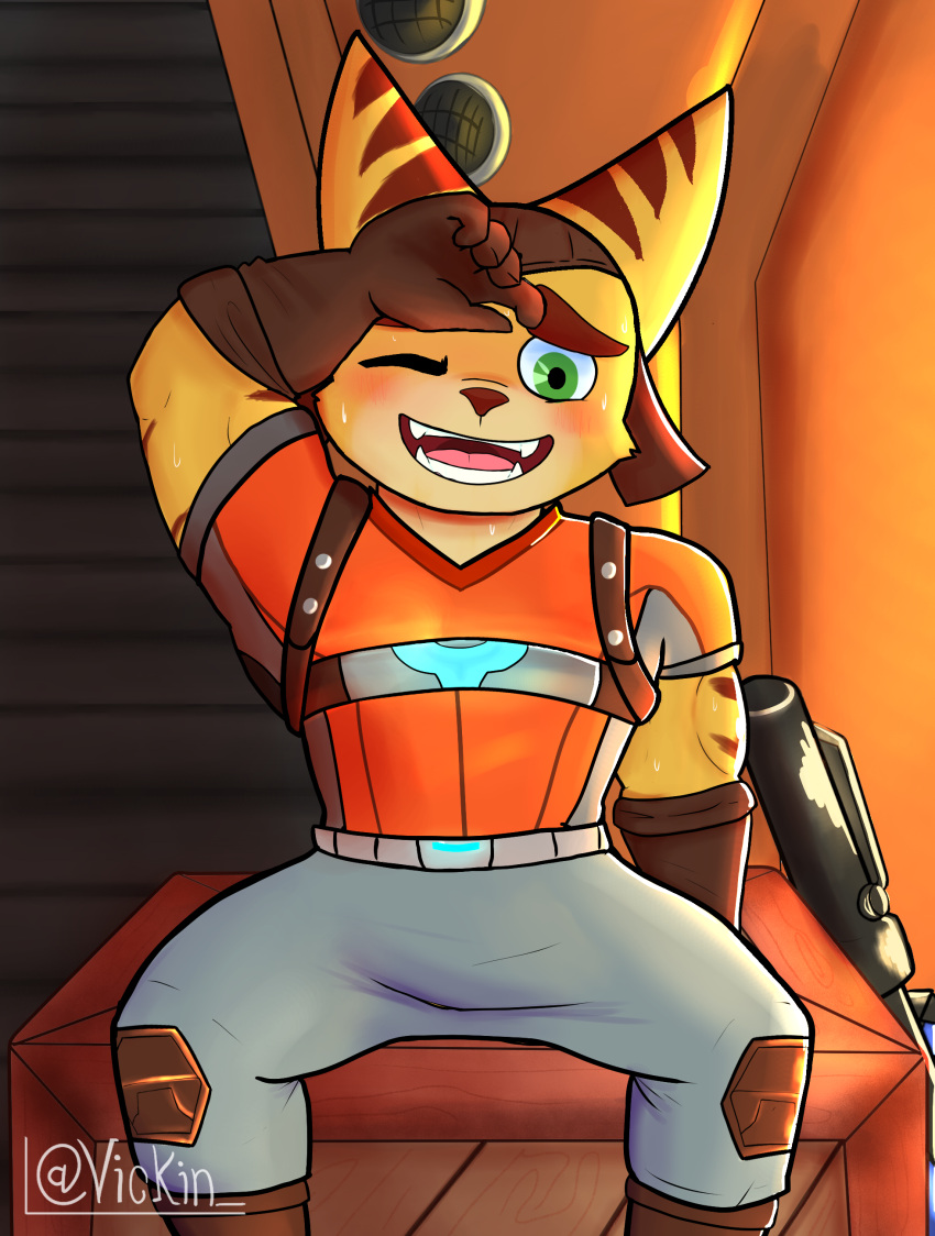 absurd_res anthro blush bodily_fluids clothing fur gloves green_eyes handwear hi_res lombax male mammal muscular muscular_anthro muscular_male ratchet ratchet_and_clank smile smiling_at_viewer solo sony_corporation sony_interactive_entertainment striped_body striped_fur stripes sweat