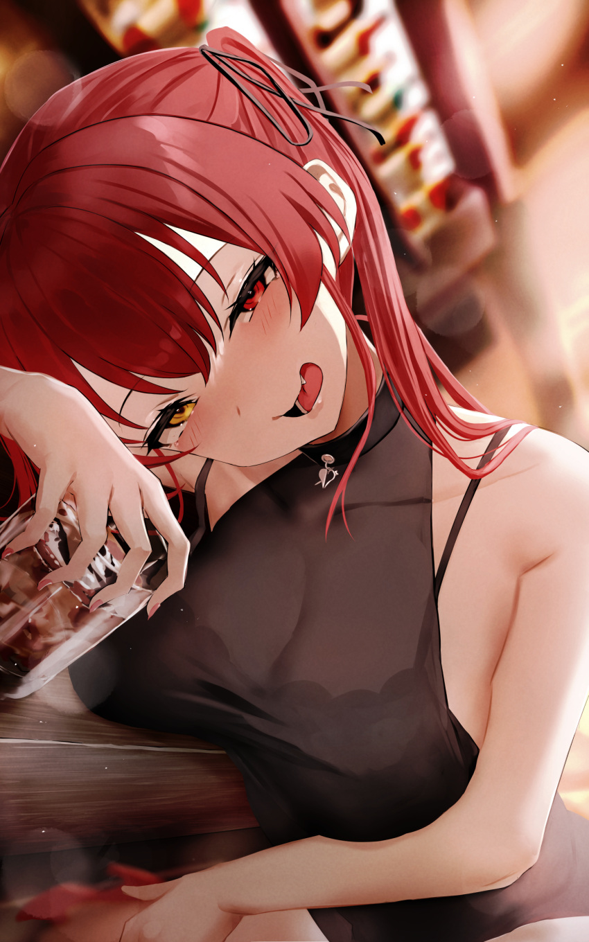 1girl alcohol bangs bar_(place) bare_shoulders black_bra black_leotard black_ribbon blurry blurry_background blush bottle bra breast_press breasts commentary covered_collarbone covered_navel cup drunk hair_between_eyes hair_ribbon heterochromia high_heels highres holding holding_cup hololive houshou_marine large_breasts lens_flare leotard long_hair looking_at_viewer open_mouth ponnu_(nikeytina) red_eyes red_footwear red_hair ribbon see-through sleeveless smile solo strap_slip tongue twintails underwear virtual_youtuber wavy_mouth yellow_eyes