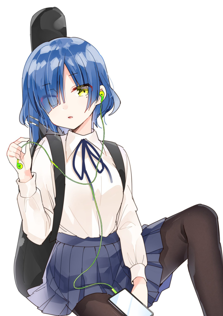 1girl bangs black_pantyhose blue_hair blue_ribbon blue_skirt bocchi_the_rock! cellphone collared_shirt earphones guitar_case hair_ornament hair_over_one_eye hairclip hamaji_aki hand_up highres instrument_case listening_to_music long_sleeves looking_at_viewer mole mole_under_eye neck_ribbon official_art one_eye_covered pantyhose parted_lips phone pleated_skirt ribbon shirt short_hair simple_background sitting skirt smartphone solo white_background white_shirt yamada_ryou yellow_eyes