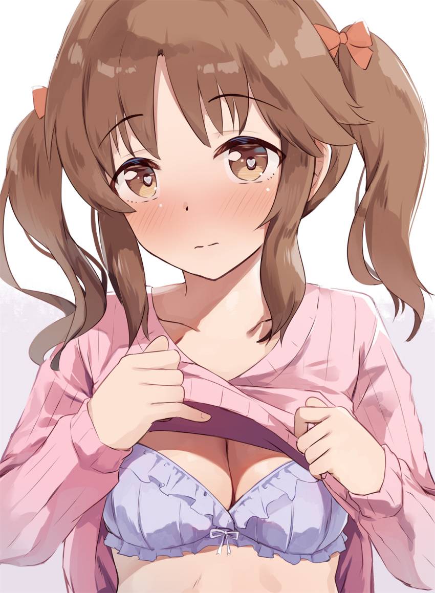 1girl blush bow bow_bra bra breasts brown_eyes brown_hair cleavage closed_mouth clothes_lift frilled_bra frills gradient gradient_background grey_background hair_bow heart heart-shaped_pupils highres idolmaster idolmaster_cinderella_girls lifted_by_self long_hair looking_at_viewer medium_breasts pink_sweater purple_bra red_bow seneto solo sweater sweater_lift symbol-shaped_pupils totoki_airi twintails underwear white_background