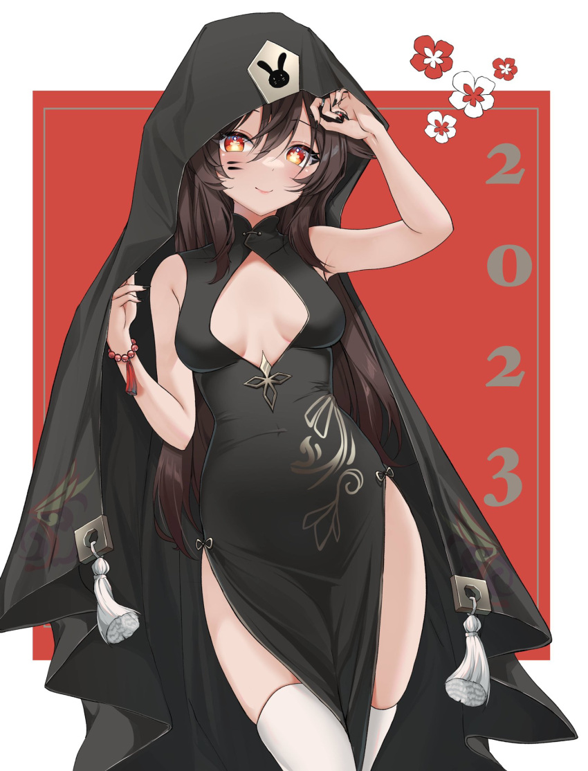 1girl 2023 alternate_costume arm_up bare_shoulders black_cape black_dress black_nails blush border bracelet breasts breasts_apart brown_hair cape cleavage_cutout closed_mouth clothing_cutout covered_navel cowboy_shot dress facepaint genshin_impact highres hu_tao_(genshin_impact) jewelry long_hair looking_at_viewer mirei-yume nail_polish outside_border pelvic_curtain red_background red_eyes sleeveless sleeveless_dress small_breasts smile solo symbol-shaped_pupils tassel thighhighs white_border white_thighhighs