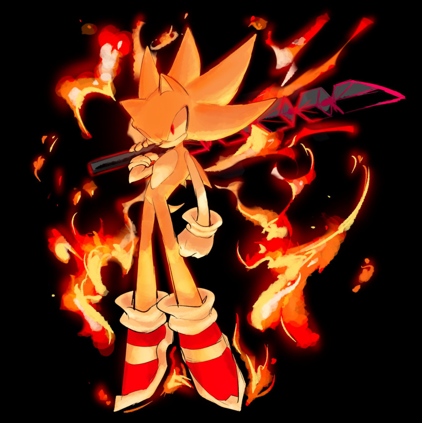 1boy animal_ears animal_nose arm_at_side blonde_hair body_fur commentary english_commentary furry furry_male gloves hand_up highres holding holding_weapon male_focus over_shoulder red_eyes red_footwear shoes sketch socks solo sonic_(series) sonic_the_hedgehog spiked_hair super_sonic tail two-tone_fur underlighting usa37107692 weapon weapon_over_shoulder white_fur white_gloves white_socks yellow_fur