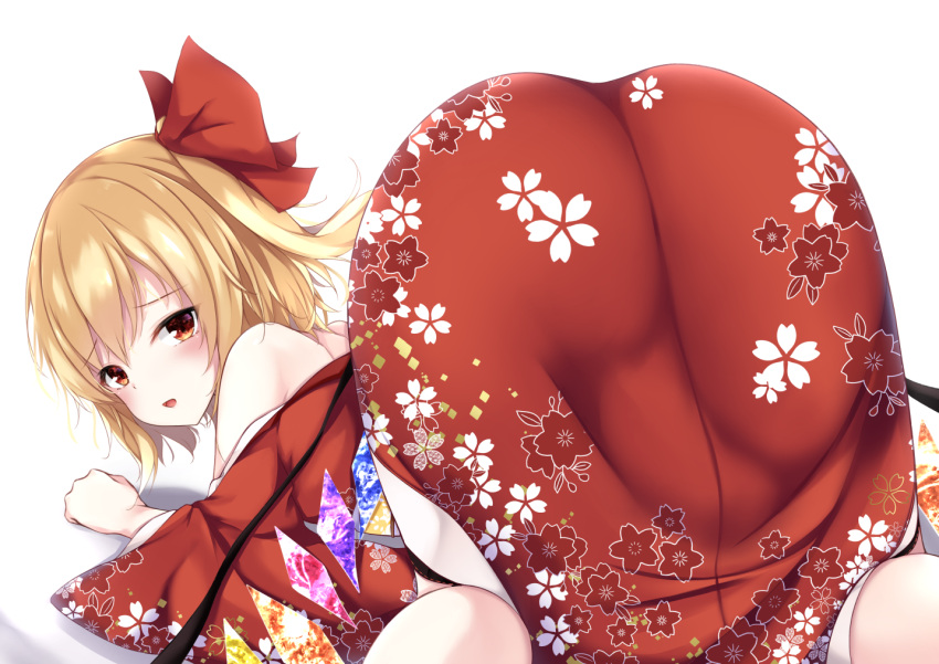 1girl 2022 all_fours ass bangs bat_wings blonde_hair blush crystal flandre_scarlet floral_print from_behind furrowed_brow hair_between_eyes hair_ribbon half-closed_eyes head_tilt japanese_clothes kashiwagi_yamine kimono long_sleeves looking_at_viewer looking_back medium_hair multicolored_wings new_year off_shoulder open_mouth rainbow_order red_eyes red_kimono red_ribbon ribbon side_ponytail sidelocks simple_background smile solo touhou white_background wide_sleeves wings yukata