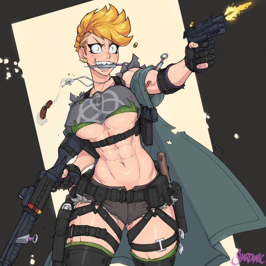 1girl abs ammunition_pouch breasts cigar coat dual_wielding earrings english_commentary green_eyes gun handgun highres holding holding_gun holding_weapon holster jewelry knife_in_mouth kunai large_breasts muscular muscular_female necklace obliques optical_sight orange_hair original pouch shardanic shaved_head short_hair shorts shotgun shoulder_holster snap-fit_buckle solo toned underboob weapon