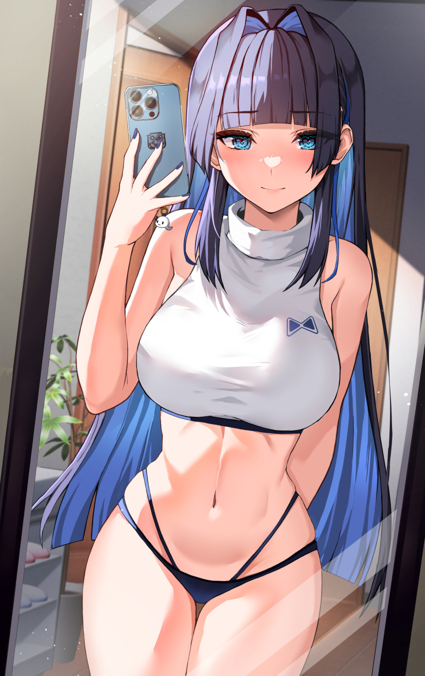 1girl arm_behind_back bangs bikini bikini_bottom_only blue_eyes blue_hair blue_nails blunt_bangs boros_(ouro_kronii) breasts cellphone cellphone_charm charm_(object) cleavage commentary cowboy_shot crop_top detached_sleeves english_commentary hair_intakes hand_up highres holding holding_phone hololive hololive_english indoors iphone large_breasts lessthanone light_smile long_hair looking_at_mirror looking_at_viewer mirror navel official_alternate_hair_length official_alternate_hairstyle ouro_kronii phone plant reflection selfie shoe_rack skindentation smartphone solo stomach swimsuit thigh_gap thighs very_long_hair virtual_youtuber