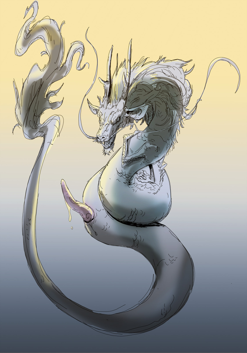 asian_mythology bodily_fluids claws digital_media_(artwork) dragon east_asian_mythology eastern_dragon erection feral fur genital_fluids genitals hair hi_res horn male mythology open_mouth penis scalie scuotivento simple_background solo tail