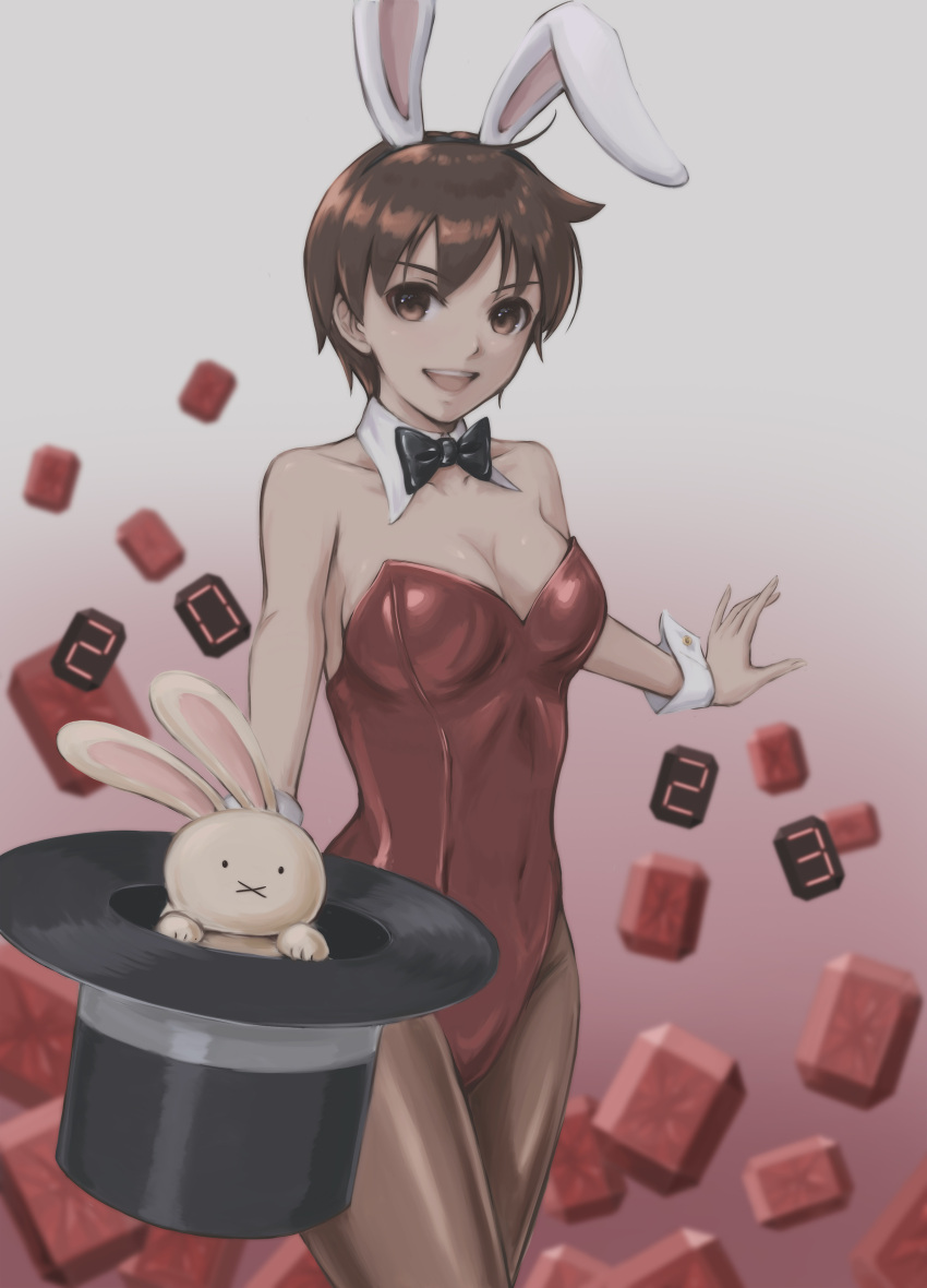 1girl 2023 :d absurdres alternate_costume animal_ears bangs bare_shoulders bow bowtie breasts brown_eyes brown_hair chinese_zodiac cleavage commentary covered_navel detached_collar fake_animal_ears hat highres kasugano_sakura leotard looking_at_viewer medium_breasts open_mouth pantyhose playboy_bunny puzzle_fighter rabbit rabbit_ears red_leotard short_hair smile solo strapless strapless_leotard street_fighter street_fighter_zero_(series) top_hat tyanoki wrist_cuffs year_of_the_rabbit
