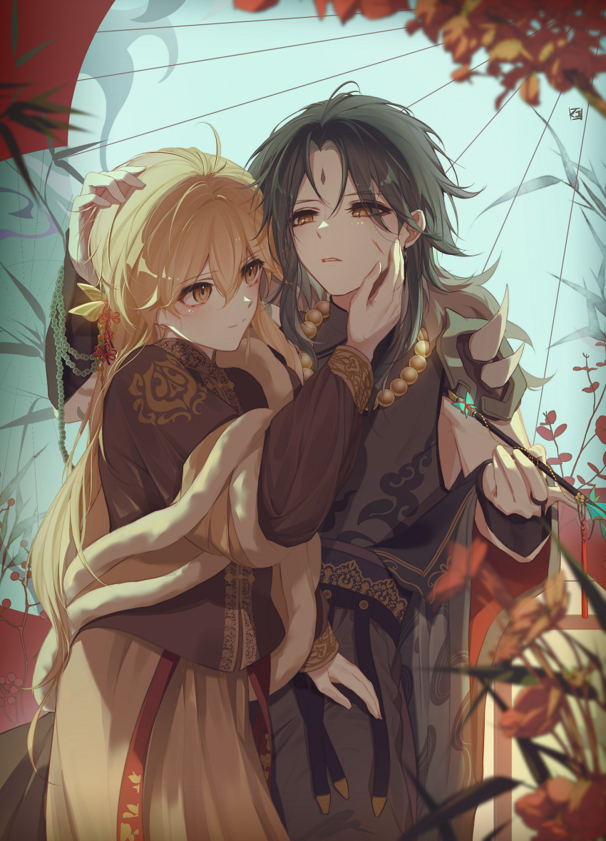 2boys absurdres aether_(genshin_impact) bangs black_hair blonde_hair braid braided_ponytail chinese_clothes facial_mark forehead_mark genshin_impact green_hair hanfu highres jewelry kuko_(geeeee_ss) long_hair male_focus multicolored_hair multiple_boys necklace sidelocks xiao_(genshin_impact) yaoi yellow_eyes