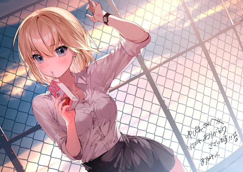 1girl absurdres almic blonde_hair blue_eyes breasts dress_shirt drinking_straw dutch_angle evening fence gyaru hair_between_eyes highres juice_box kogal light_blush long_sleeves looking_at_viewer medium_breasts medium_hair original outdoors pleated_skirt rooftop school school_uniform shirt shirt_partially_tucked_in skirt sleeves_rolled_up solo sunset translation_request watch white_shirt wing_collar