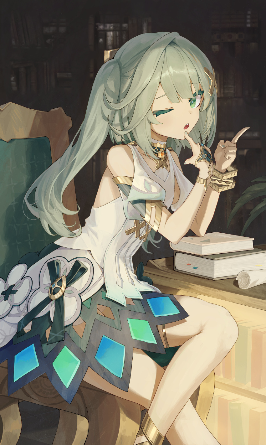 1girl ;o absurdres anklet bare_legs bare_shoulders book bracelet chair clothing_cutout dress faruzan_(genshin_impact) genshin_impact green_eyes grey_hair hair_ornament hands_up highres jewelry long_hair looking_at_viewer one_eye_closed open_mouth pellas_(panix2383) shoulder_cutout sitting solo thighlet twintails white_dress