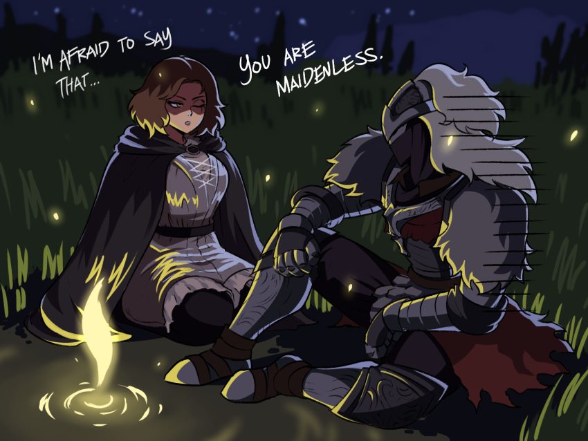 1boy 1girl armor brown_cloak brown_hair campfire cloak elden_ring english_commentary english_text fire highres hood hooded_cloak knight melina_(elden_ring) night night_sky one_eye_closed outdoors shaded_face short_hair sitting sky talking tarnished_(elden_ring) tina_fate