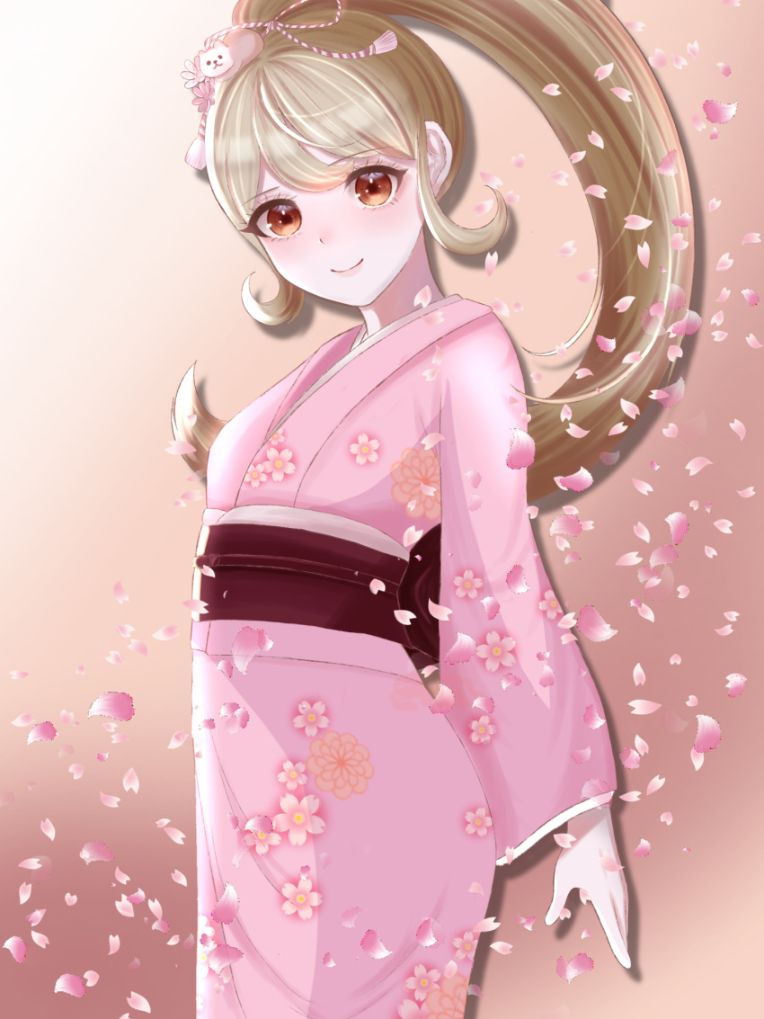 1girl bangs blonde_hair breasts brown_background cat_hair_ornament cowboy_shot danganronpa_(series) danganronpa_2:_goodbye_despair floral_print gradient gradient_background hair_ornament highres japanese_clothes kimono long_hair long_sleeves looking_at_viewer o_soba_(soba3ly) obi orange_eyes petals pink_kimono ponytail print_kimono saionji_hiyoko sash shiny shiny_hair small_breasts smile solo