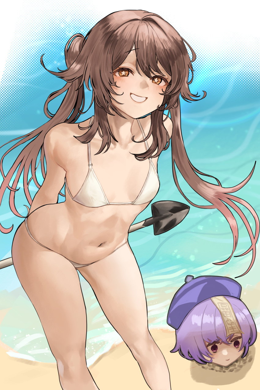 2girls absurdres alternate_costume arms_behind_back bare_shoulders beach bikini brown_hair buried chroong commentary_request feet_out_of_frame floating_hair flower-shaped_pupils genshin_impact grin halterneck hat highres holding hu_tao_(genshin_impact) korean_commentary long_hair multiple_girls navel ocean ofuda outdoors purple_hair purple_headwear qing_guanmao qiqi_(genshin_impact) sand smile standing stomach string_bikini swimsuit symbol-shaped_pupils thighs twintails water white_bikini