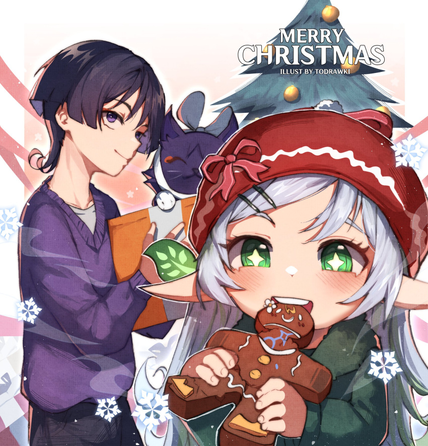 1boy 1girl alternate_costume alternate_hairstyle animal animal_ears artist_name bangs black_pants blunt_ends blush border bow box cat cat_ears christmas_tree closed_eyes closed_mouth collarbone cookie cross-shaped_pupils eating english_commentary english_text fingernails flower food fur_trim genshin_impact gift gift_box gradient gradient_background green_eyes green_hair green_sweater grey_bow grey_hair grey_shirt hair_between_eyes hair_ornament hairclip hands_up hat hat_bow highres holding holding_box holding_food holding_gift leaf leaf_hair_ornament long_hair long_sleeves looking_at_another looking_to_the_side lying merry_christmas multicolored_hair nahida_(genshin_impact) no_headwear on_stomach open_mouth outside_border pants pet pink_background pink_bow pointy_ears pom_pom_(clothes) puffy_long_sleeves puffy_sleeves purple_eyes purple_fur purple_hair purple_sweater red_headwear santa_hat scaramouche_(genshin_impact) shirt short_hair sidelocks smile snowflakes standing sweater symbol-shaped_pupils t-shirt tape teeth two-tone_hair white_background white_border white_flower wokiiarts