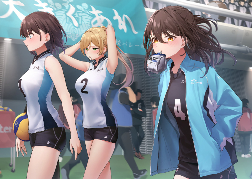 absurdres adjusting_hair armpits arms_up black_hair black_shorts blush breasts extra hand_in_pocket highres jacket large_breasts light_brown_hair looking_at_viewer mouth_hold original ponytail shirt shorts sleeveless sleeveless_shirt sportswear stadium track_jacket vegetablenabe volleyball volleyball_uniform