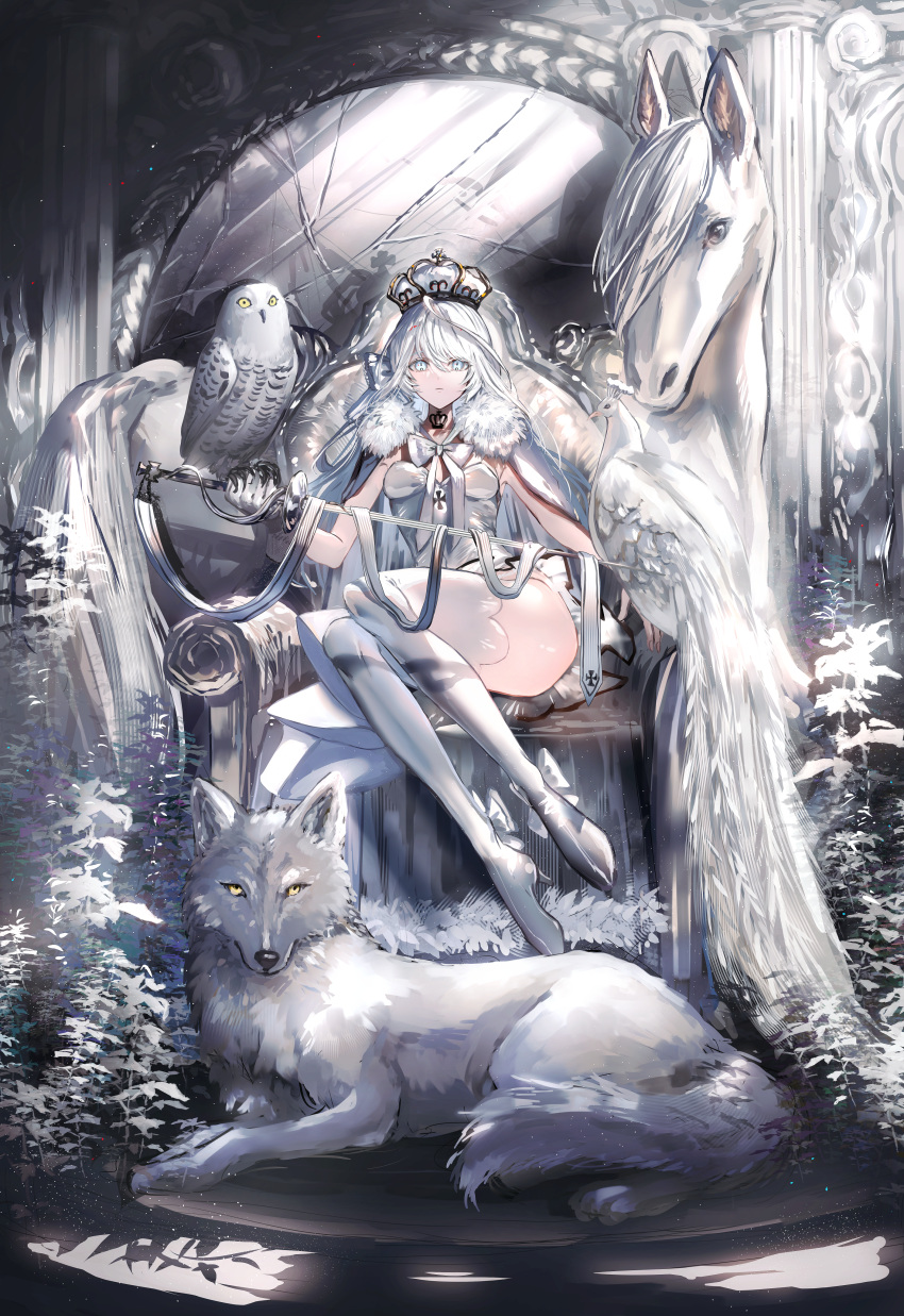 1girl absurdres bangs bird blue_eyes breasts broken_mirror column commentary crown dress english_commentary gloves hair_between_eyes highres holding holding_sword holding_weapon horse indoors long_hair looking_at_viewer mirror nanaponi original owl pillar rapier skirt small_breasts sword thighhighs thighs throne very_long_hair weapon white_dress white_gloves white_hair white_skirt white_theme white_thighhighs wolf