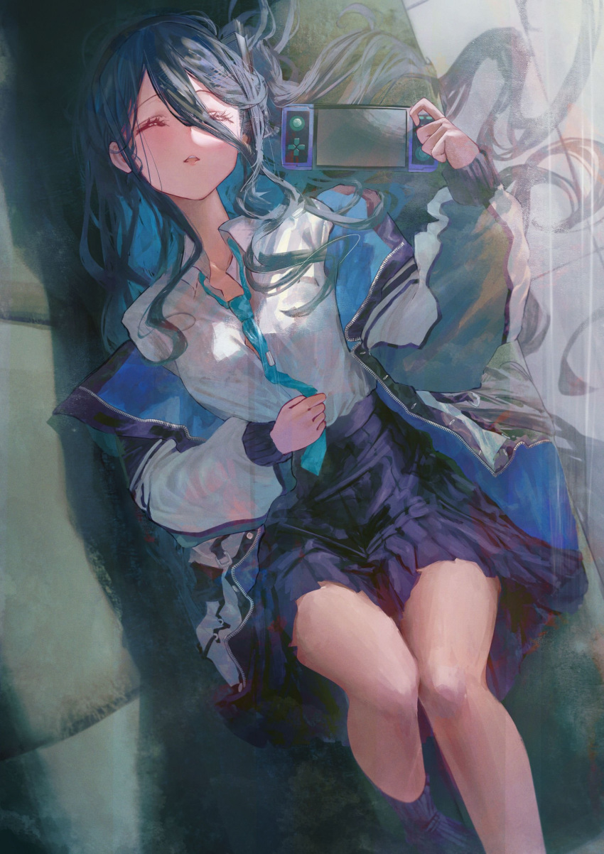 1girl aris_(blue_archive) betabeet black_hair black_skirt black_socks blue_archive blue_necktie blush closed_eyes collared_shirt couch eyelashes facing_viewer feet_out_of_frame from_above hair_between_eyes handheld_game_console highres holding holding_handheld_game_console holding_necktie jacket long_hair long_sleeves lying necktie off_shoulder on_back on_couch open_clothes open_jacket parted_lips pleated_skirt school_uniform shirt shirt_tucked_in skirt sleeping socks solo thighs tile_floor tiles very_long_hair white_jacket white_shirt