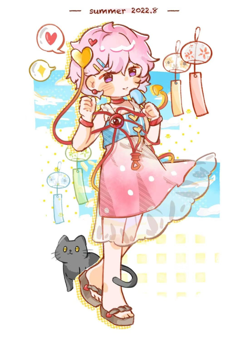 1girl adapted_costume black_footwear blue_shirt blush_stickers cat chinese_clothes choker closed_mouth commentary earrings food full_body hair_between_eyes hair_ornament hairclip hands_up heart heart_hair_ornament highres holding_ice_cream jewelry komeiji_satori looking_at_viewer pink_hair pink_skirt popsicle purple_eyes red_choker red_eyes sandals shirt short_hair skirt sleeveless sleeveless_shirt smile solo spoken_heart spoken_sparkle standing third_eye touhou wind_chime yejiubane_shuiping