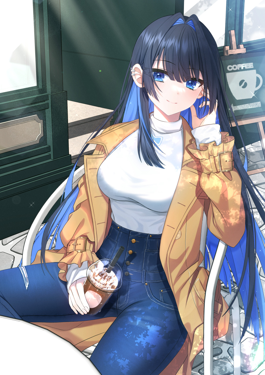 1girl absurdres black_hair blue_eyes blue_hair blue_pants breasts brown_jacket chair closed_mouth commentary cup day denim disposable_cup drinking_straw ear_piercing hair_intakes highres holding holding_cup hololive hololive_english jacket jeans long_hair long_sleeves looking_at_viewer mamel_27 medium_breasts multicolored_hair on_chair open_clothes open_jacket ouro_kronii outdoors pants piercing shirt sitting sleeves_past_wrists smile solo table two-tone_hair very_long_hair virtual_youtuber white_shirt