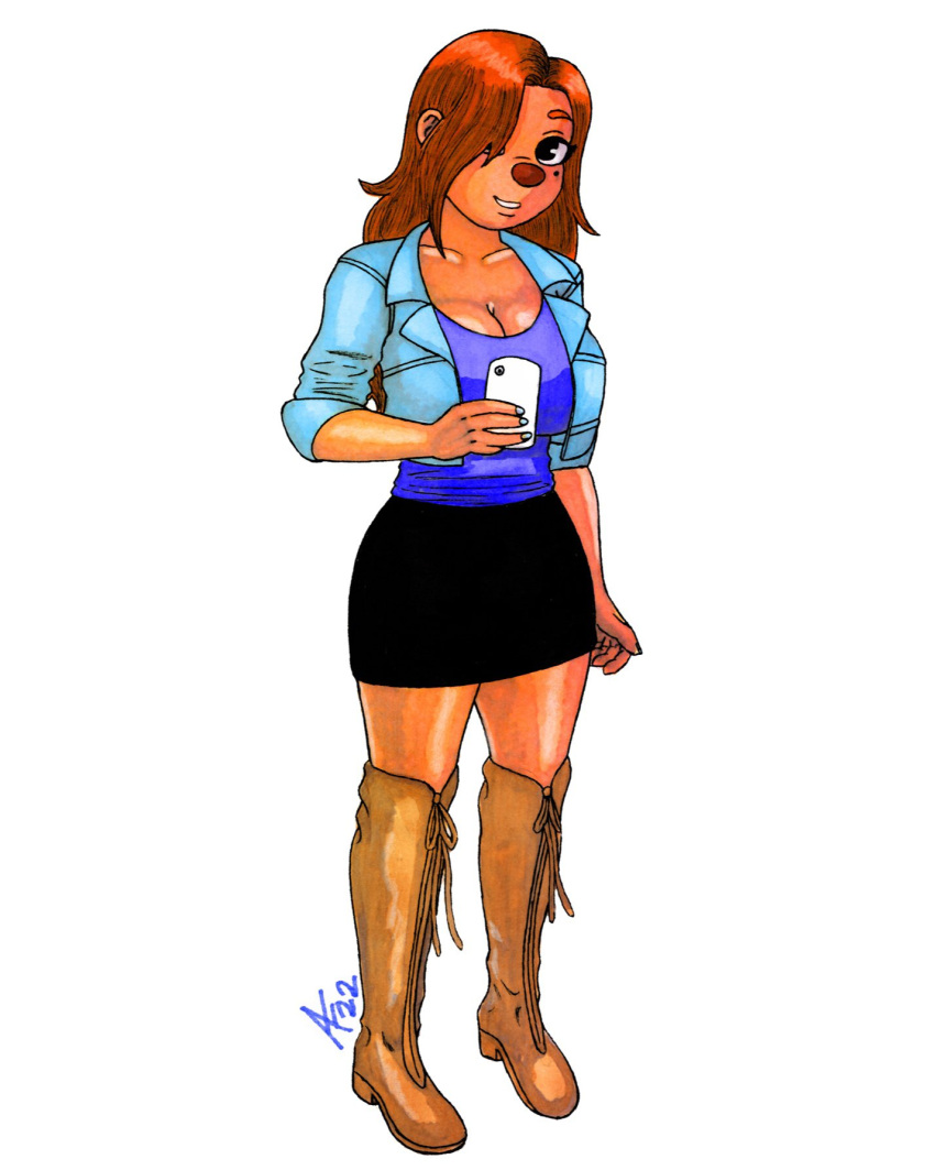 aaronhibiki aged_up alternate_hairstyle anthro beauty_mark big_breasts black_eyes boots bottomwear breasts brown_nose canid canine canis cellphone cleavage clothed clothing curvy_figure disney domestic_dog female footwear goof_troop hair hair_over_eye hi_res huge_breasts jacket legwear mammal one_eye_obstructed phone red_hair roxanne_(goof_troop) selfie skirt small_waist smartphone solo thigh_boots thigh_highs topwear voluptuous wide_hips