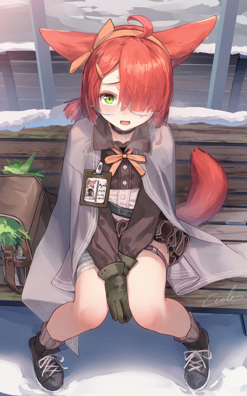 1girl absurdres ahoge arknights bag bandaged_leg bandages bench between_legs black_footwear blush brown_dress cape day dress from_above full_body glasses gloves green_eyes green_gloves grey_cape hair_over_one_eye hairband hand_between_legs highres id_card long_hair looking_at_viewer looking_up myrrh_(arknights) neck_ribbon open_mouth orange_hairband orange_ribbon outdoors park_bench red_hair ribbon shoes signature sitting snow solo thigh_strap welt_(kinsei_koutenkyoku) winter