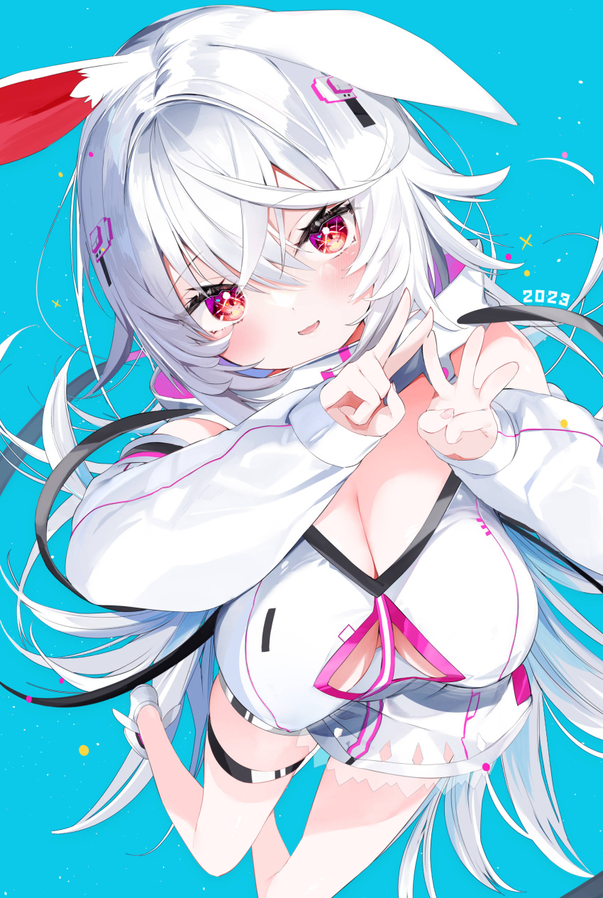 1girl 2023 absurdres animal_ear_fluff animal_ears bangs bare_shoulders blue_background breasts chinese_zodiac cleavage commentary_request finger_counting grey_hair hair_between_eyes head_tilt highres kamioka_shun'ya large_breasts long_hair long_sleeves open_mouth original puffy_long_sleeves puffy_sleeves rabbit_ears red_eyes shiori_(kamioka_shun'ya) shoes simple_background sleeves_past_wrists smile solo very_long_hair white_footwear year_of_the_rabbit