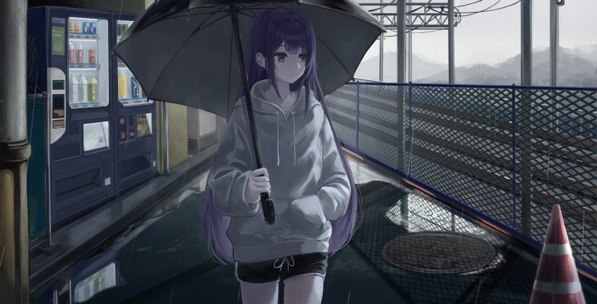 1girl absurdres bangs black_shorts black_umbrella blunt_bangs bottle can chain-link_fence closed_mouth commentary commission cowboy_shot english_commentary fence grey_hoodie hand_in_pocket highres holding holding_umbrella hood hoodie long_hair long_sleeves looking_to_the_side manhole nao_(okt8538) original outdoors power_lines purple_eyes purple_hair rain short_shorts shorts solo traffic_cone umbrella utility_pole vending_machine very_long_hair water