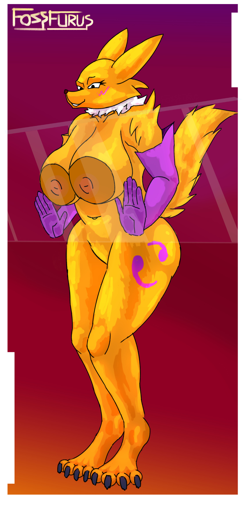 absurd_res against_surface anthro bandai_namco big_breasts breasts cheek_tuft claws clothing digimon digimon_(species) ears_back facial_tuft feet female fluffy fossfurus glass gloves handwear hi_res legwear nipple_outline nipples on_glass pivoted_ears renamon seductive smile solo tail thick_thighs toe_claws tuft tufted_fur