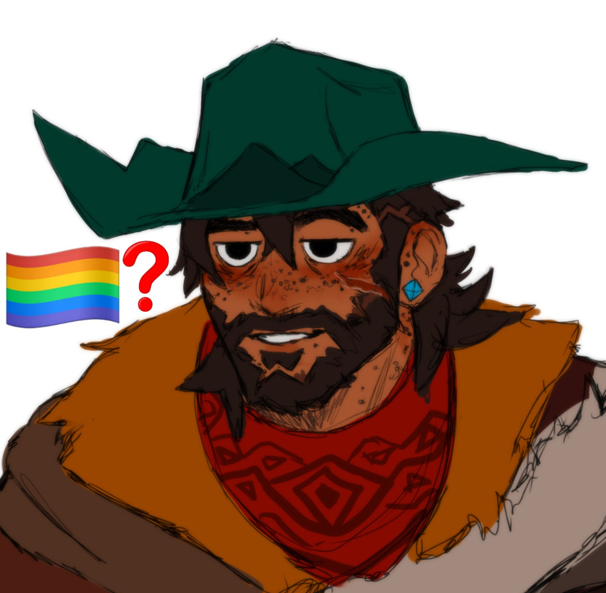 1boy ? bara beard blush brown_hair cassidy_(overwatch) cowboy_hat dark-skinned_male dark_skin ear_blush earrings facial_hair freckles half-closed_eyes hat highres jewelry kirsch_(kirschetc) looking_to_the_side male_focus mature_male medium_hair mustache overwatch rainbow_flag scarf smile solo thick_eyebrows upper_body