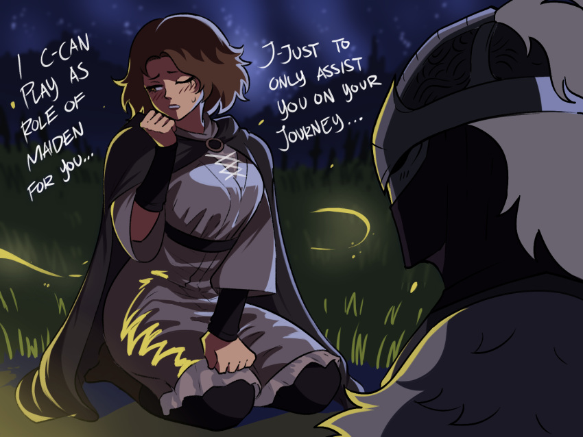 1boy 1girl armor blush brown_cloak brown_hair campfire cloak elden_ring embarrassed english_commentary english_text fire highres hood hooded_cloak knight melina_(elden_ring) night night_sky one_eye_closed outdoors shaded_face short_hair sitting sky talking tarnished_(elden_ring) tina_fate