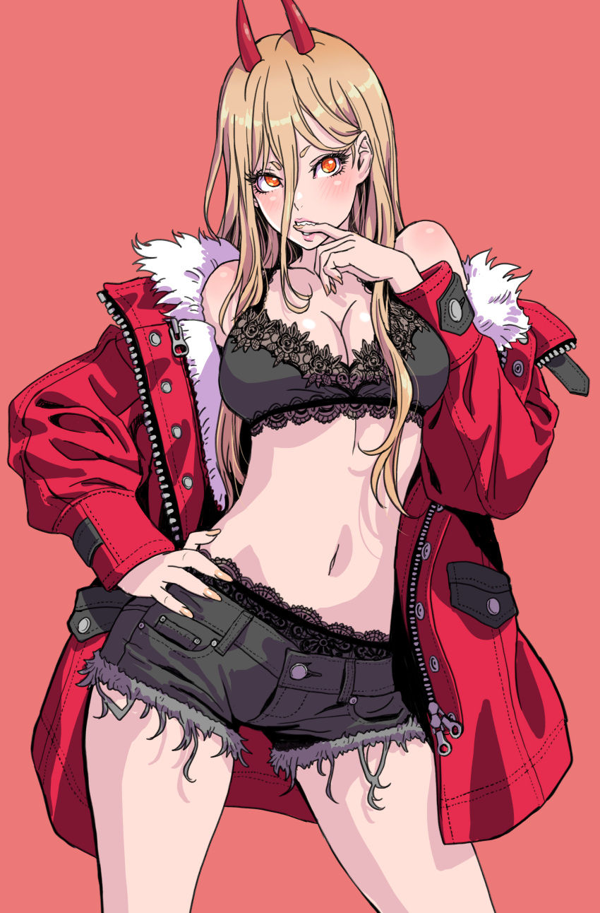 1girl absurdres bare_shoulders biting black_shorts black_underwear blonde_hair blush breasts chainsaw_man cleavage coat cross-shaped_pupils finger_biting highres horns jacket jacket_partially_removed navel orange_eyes power_(chainsaw_man) red_coat red_horns sharp_teeth shorts standing symbol-shaped_pupils teeth underwear yamashita_shun'ya
