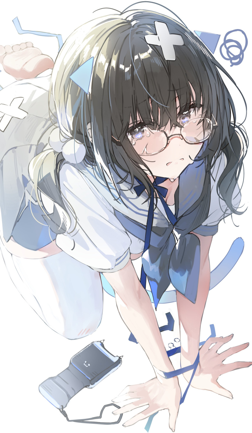 1girl absurdres all_fours bangs barefoot black_hair blue_eyes blue_neckerchief blue_ribbon blue_skirt bound bound_wrists crying glasses hair_ornament highres looking_at_viewer low_twintails medium_hair neckerchief original parted_lips pleated_skirt pom_pom_(clothes) pom_pom_hair_ornament ribbon sailor_collar shirt short_sleeves short_twintails skirt solo stun_gun tears thighhighs twintails wattaro white_background white_shirt white_thighhighs x_hair_ornament zettai_ryouiki