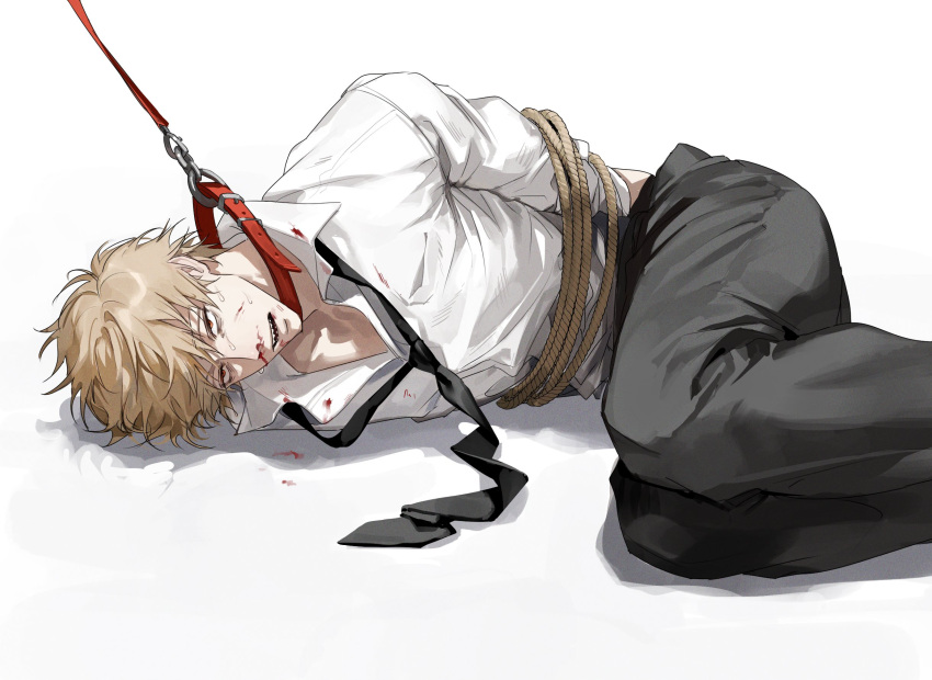 1boy ajrtkf44 black_necktie black_pants blonde_hair blood blood_on_clothes blood_on_face bound brown_eyes chainsaw_man collar collared_shirt denji_(chainsaw_man) highres leash lying male_focus necktie nosebleed on_side pants red_collar rope sharp_teeth shirt short_hair solo teeth tied_up_(nonsexual) white_background white_shirt