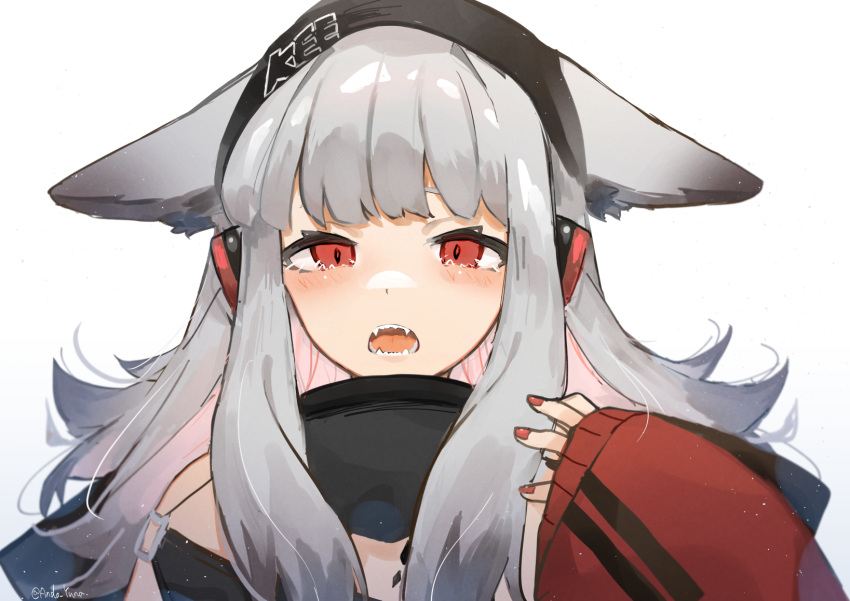 1girl andou_yuna animal_ears arknights bangs beanie black_headwear blush commentary_request crying ears_through_headwear fox_ears fox_girl fox_tail frostleaf_(arknights) grey_hair hat headphones headphones_over_headwear highres implied_extra_ears jacket long_hair looking_at_viewer off-shoulder_shirt off_shoulder open_mouth oripathy_lesion_(arknights) red_eyes red_jacket red_nails sharp_teeth shirt simple_background sleeves_past_wrists solo tail teeth white_background woollen_cap