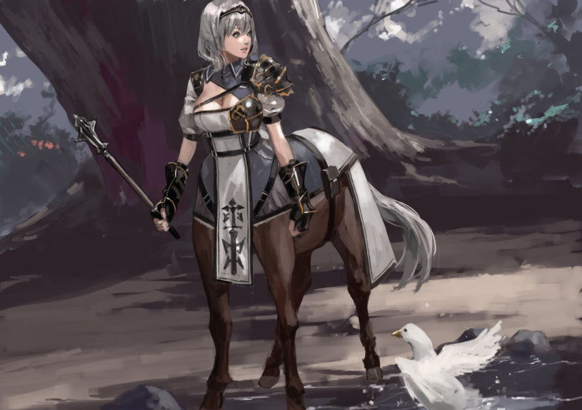 1girl armor armored_dress bangs belt belt_pouch bird black_gloves braid breasts brown_belt centaur chest_belt chest_guard chest_harness cleavage cleavage_cutout clothing_cutout collared_dress commentary_request dress duck fingerless_gloves french_braid full_body gloves green_eyes grey_hair hair_between_eyes hairband harness holding holding_weapon hololive horse_tail junny large_breasts looking_afar mace medium_hair mole mole_on_breast monster_girl monsterification multiple_legs parted_lips pauldrons pelvic_curtain pond pouch puffy_sleeves shirogane_noel shoulder_armor sidelocks single_pauldron solo standing tail taur tree vambraces virtual_youtuber waist_cape weapon