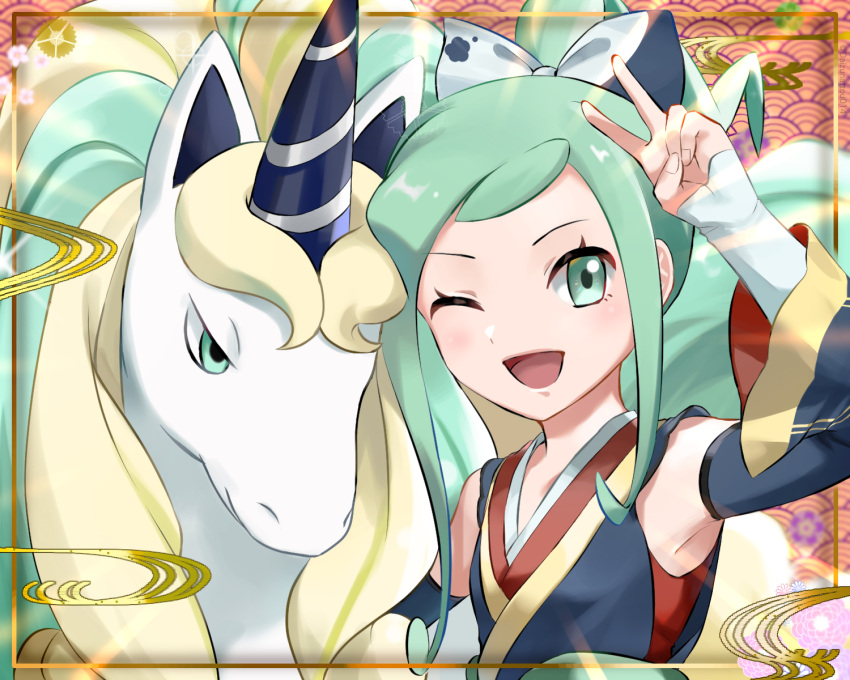 1girl ;d alternate_color arm_up armpits bangs bow commentary_request detached_sleeves eyelashes framed galarian_rapidash green_eyes green_hair hair_bow hair_ornament hair_ribbon highres japanese_clothes kimono lisia_(new_year's_2023)_(pokemon) lisia_(pokemon) looking_at_viewer official_alternate_costume one_eye_closed open_mouth pokemon pokemon_(creature) pokemon_(game) pokemon_masters_ex ribbon shiny_pokemon smile tarazumo_(daizunattou014) upper_body v