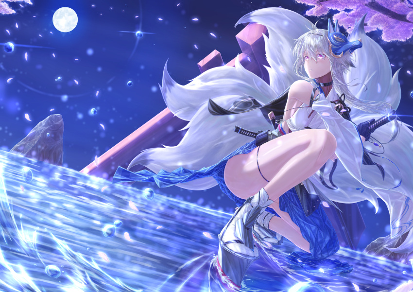 1girl absurdres animal_ears antenna_hair asymmetrical_clothes asymmetrical_skirt azur_lane black_choker blue_skirt breasts choker detached_sleeves floppy_ears fox_ears fox_mask fox_tail full_body full_moon grey_hair hair_between_eyes hakama hakama_skirt highres japanese_clothes kurokuma kyuubi large_breasts long_hair long_sleeves low_ponytail mask mask_on_head moon multiple_swords multiple_tails night night_sky purple_eyes rudder_footwear sheath sheathed side_slit skirt sky socks solo standing standing_on_liquid tabi tail tosa_(azur_lane) water white_socks white_tail wide_sleeves