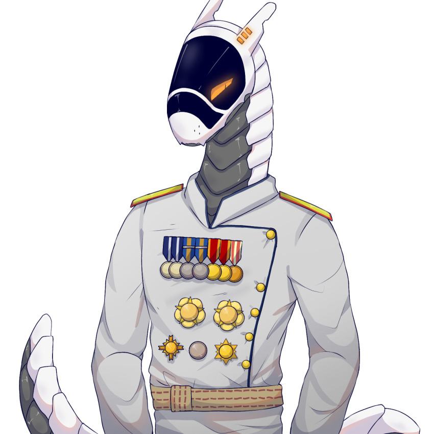 anthro belt clothed clothing epaulette grey_body half-length_portrait hi_res machine male medal military officer portrait solo synth_(vader-san) white_body