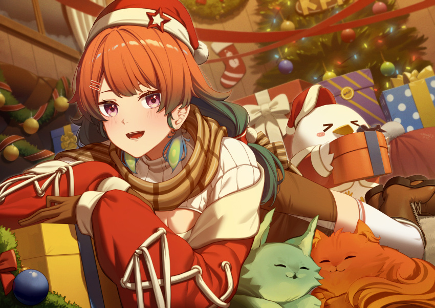 1girl :d absurdres animal arm_rest bird boots box brown_gloves brown_scarf brown_skirt cat chicken chonkers_(takanashi_kiara) christmas christmas_ornaments christmas_stocking christmas_tree cleavage_cutout clothing_cutout erezu gift gift_box gloves hat highres hololive hololive_english indoors jacket kfp_employee_(takanashi_kiara) looking_at_viewer lying multicolored_hair on_stomach open_mouth orange_hair pink_eyes red_jacket red_ribbon ribbon santa_hat scarf skirt smile smoothie_(takanashi_kiara) solo_focus streaked_hair sweater takanashi_kiara thighhighs turtleneck turtleneck_sweater virtual_youtuber white_sweater white_thighhighs window wreath